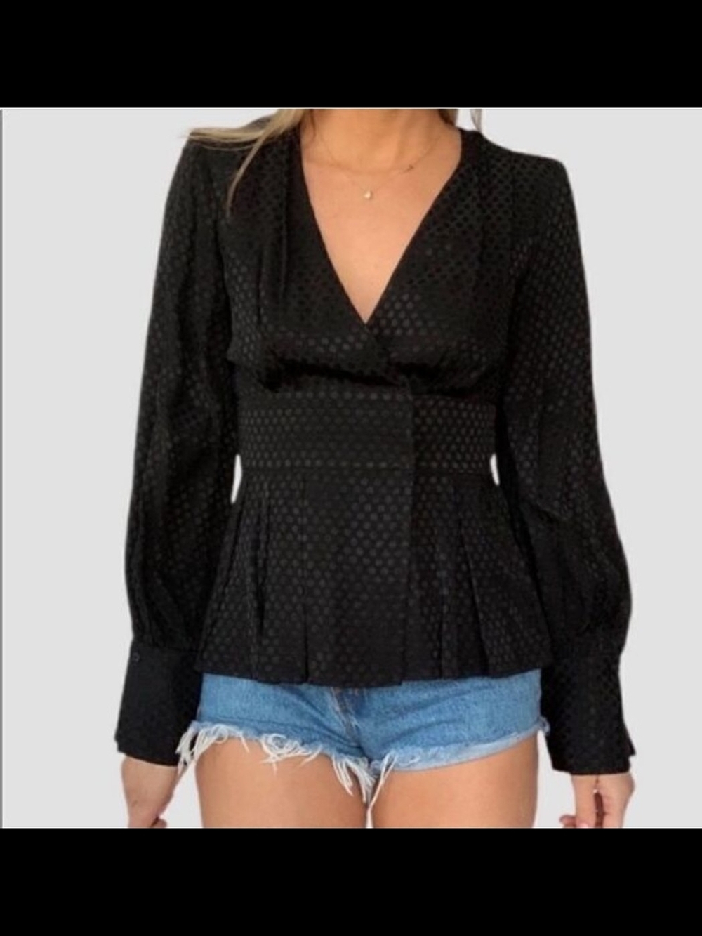 Something Navy Black Textured Wrap Peplum Blouse Long Sleeve Size S